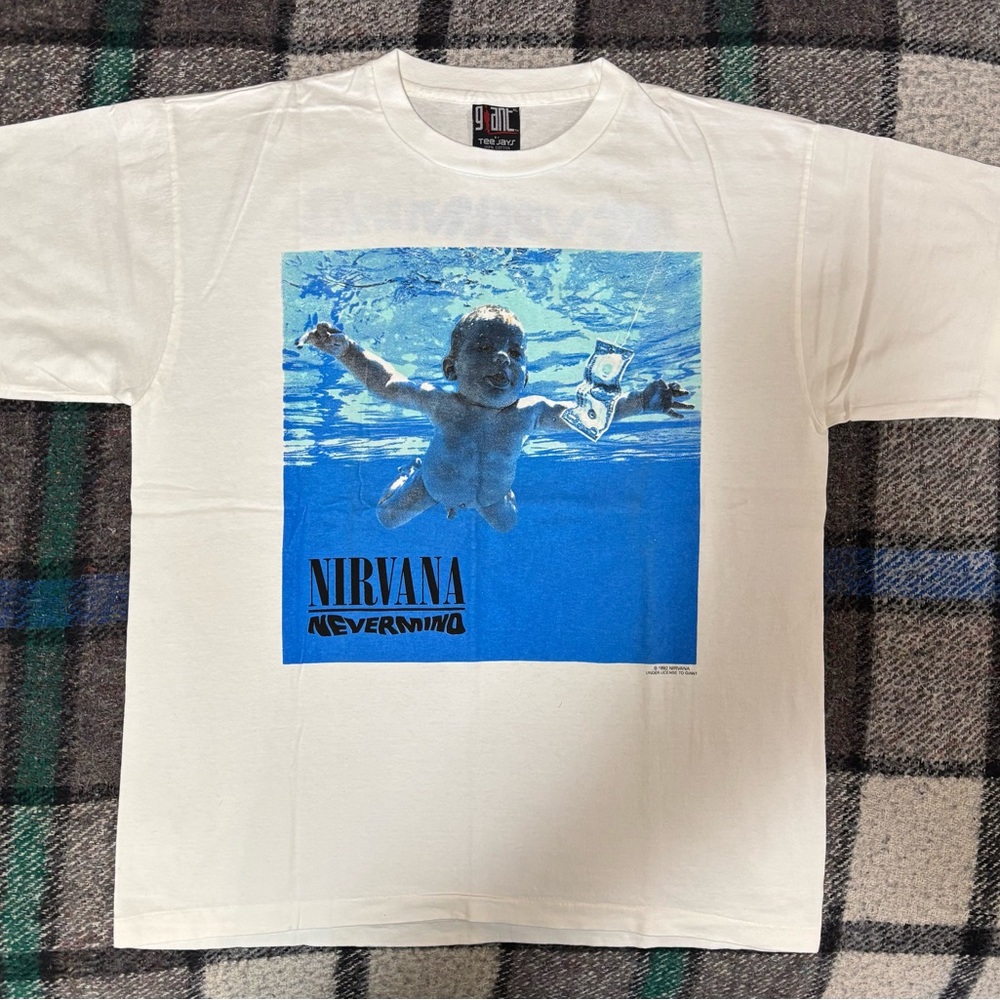 NIRVANA White Tee with Blue Nevermind Design
